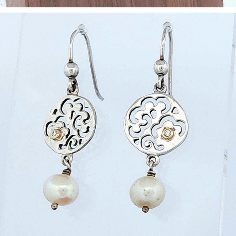 RARE Pandora Two Tone Life's Path Sterling & 14k Gold Pearl & Diamond Earrings